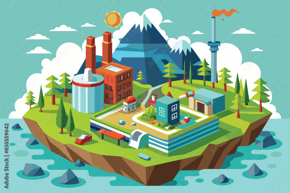 Naklejka premium Isometric illustration of a city with houses, a factory, and trees on a green island with mountains in the background, Environment Customizable Disproportionate Illustration