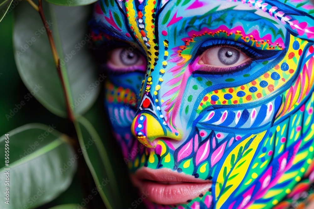 Person with vibrant and colorful face paint inspired by nature Person with vibrant and colorful face paint inspired by nature