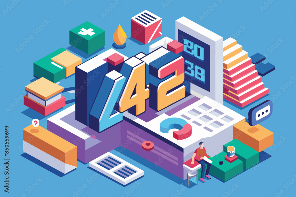 An isometric illustration of a man reviewing data and charts, with customizable elements, Error 429 Customizable Isometric Illustration An isometric illustration of a man reviewing data and charts, with customizable elements, Error 429 Customizable Isometric Illustration