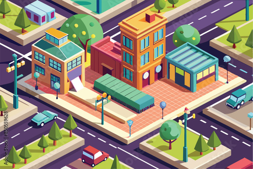 A colorful isometric illustration of an empty city street with buildings, trees, and cars, Empty street Customizable Isometric Illustration