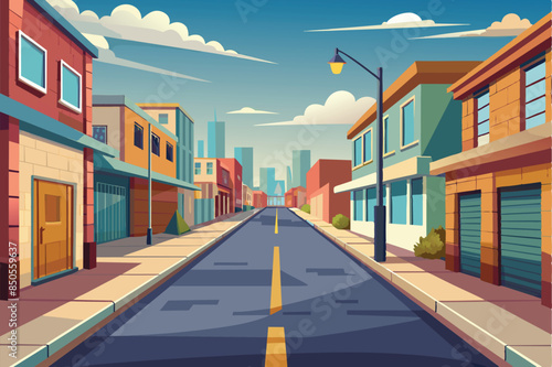 A semi-flat illustration of an empty city street with buildings on either side, Empty street Customizable Semi Flat Illustration