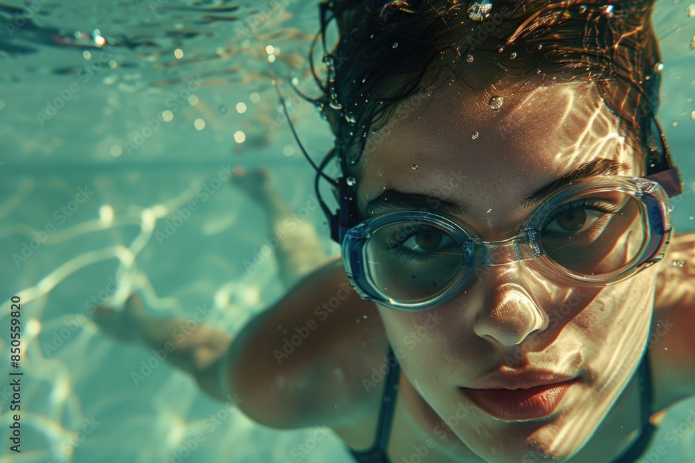 A woman swimming in a pool wearing goggles A woman swimming in a pool wearing goggles