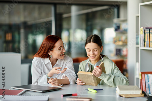 A redhead woman teaches a teenage girl in a library, engrossed in after-school lessons with a laptop.