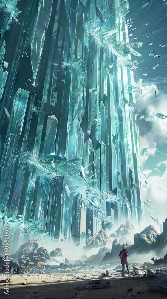 Naklejka premium A shattered giant glass wall stands on the vast and boundless land, with many flowing light lines dancing and drifting, creating a very fashionable scene 