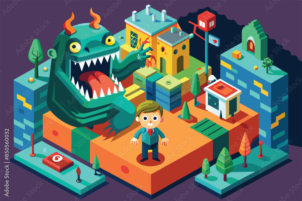 Isometric art of a man facing a green monster in a blocky cityscape, Fear Customizable Isometric Illustration Isometric art of a man facing a green monster in a blocky cityscape, Fear Customizable Isometric Illustration