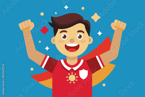 A smiling boy in a red jersey with a white shield on his chest raises his arms in celebration, Feeling proud Customizable Semi Flat Illustration