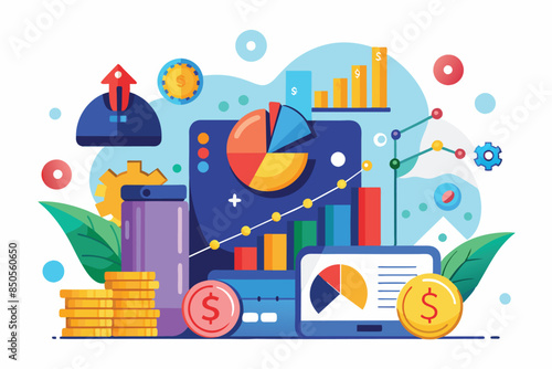 Illustration showing financial data with pie, bar, and line graphs, illustrating growth and performance, Financial data Customizable Disproportionate Illustration