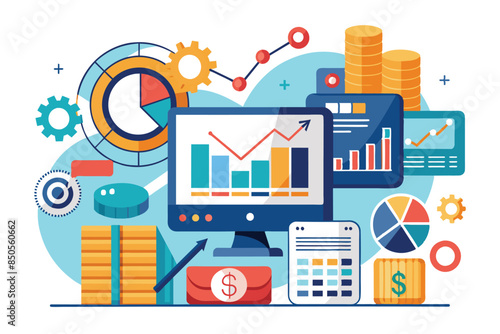 A colorful illustration of a computer screen displaying financial data analysis charts and graphs, Financial data Customizable Disproportionate Illustration