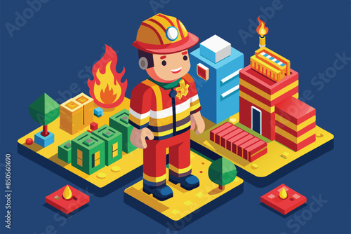 An isometric illustration of a firefighter in full gear standing next to a burning building, Firefighter Customizable Isometric Illustration