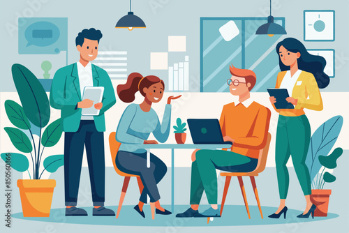 A hand-drawn illustration depicting four colleagues collaborating on a project in a modern office setting, Flat hand drawn formal people working and discussing indoors