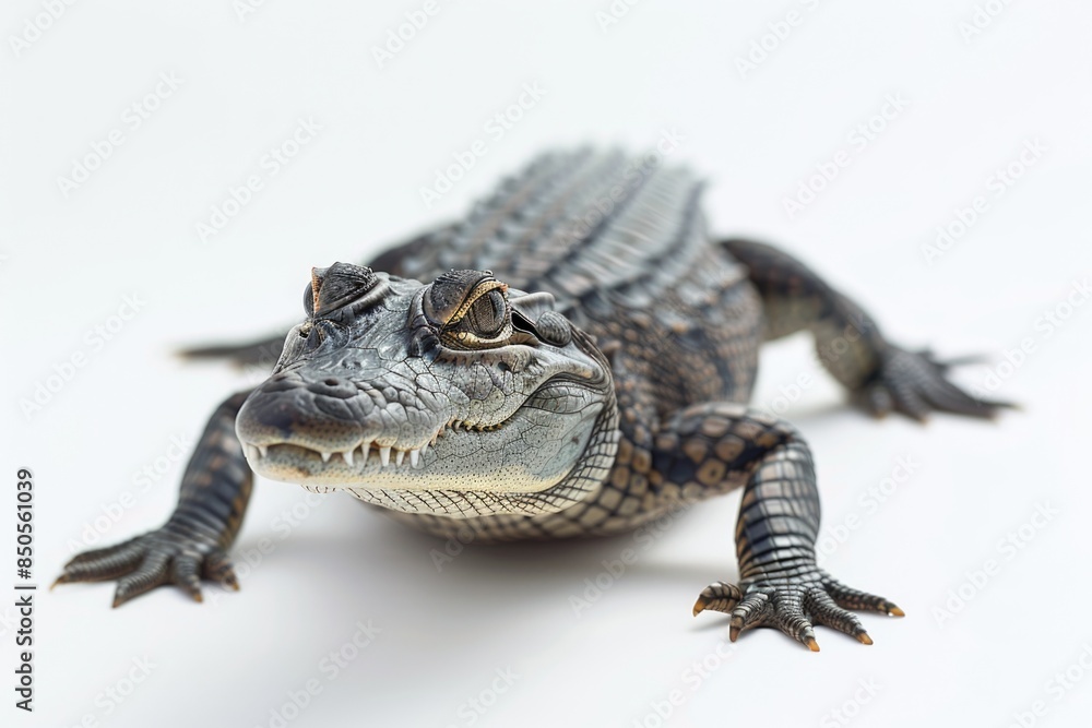 Fototapeta premium A close-up view of a small alligator sitting on a white surface, suitable for use in illustrations or design projects