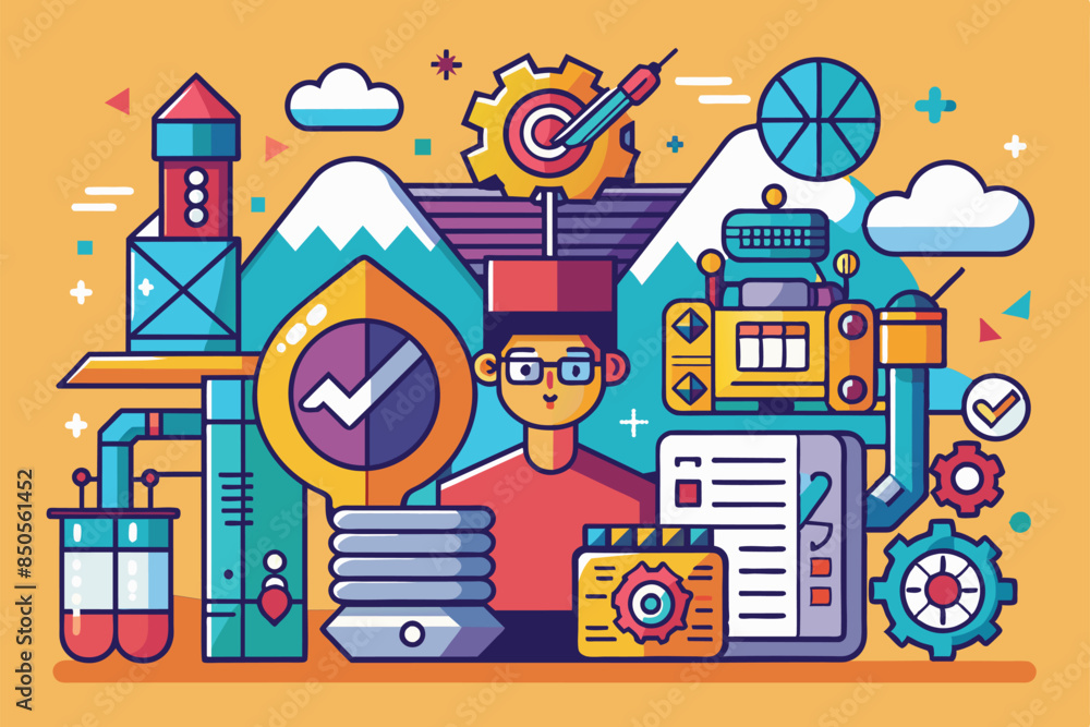 A colorful illustration featuring a person, a light bulb, a machine, and mountains, For sale Customizable Disproportionate Illustration A colorful illustration featuring a person, a light bulb, a machine, and mountains, For sale Customizable Disproportionate Illustration