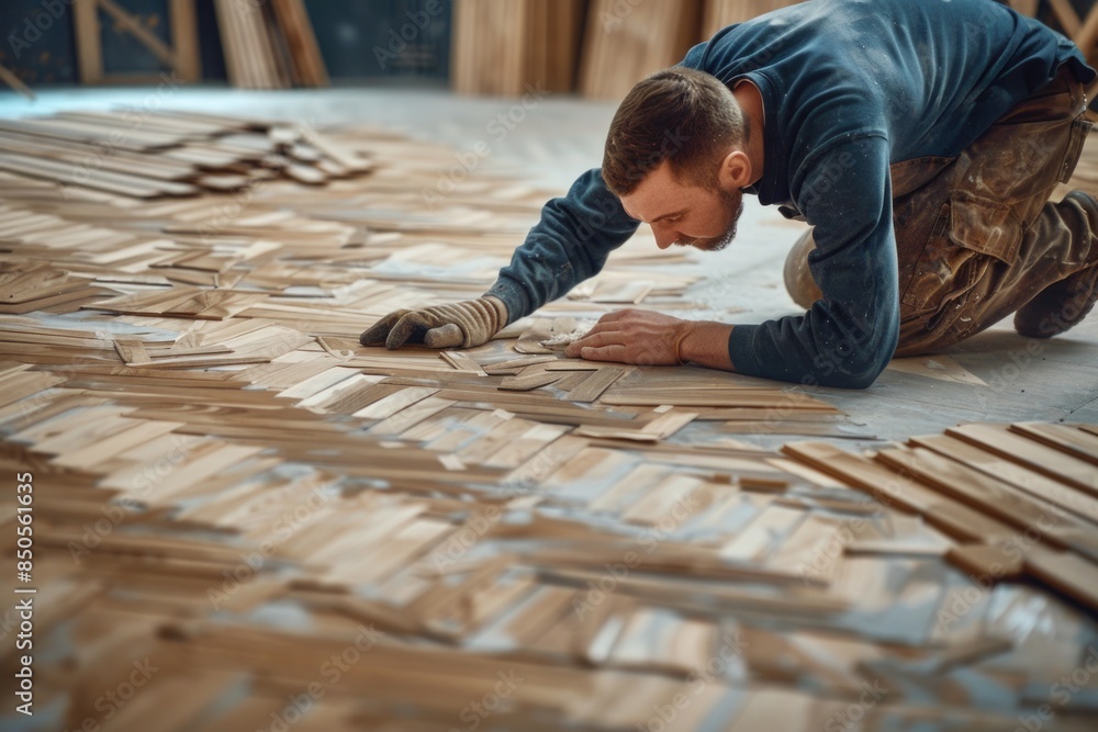 A person laying on the floor performing maintenance or repair work on a wooden floor A person laying on the floor performing maintenance or repair work on a wooden floor