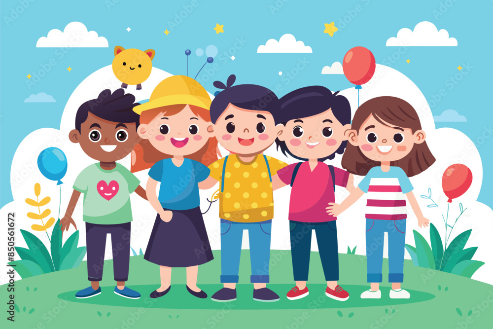 Cartoon illustration of five happy kids standing close together in a park, celebrating Friendship Day, Friendship day Customizable Cartoon Illustration Cartoon illustration of five happy kids standing close together in a park, celebrating Friendship Day, Friendship day Customizable Cartoon Illustration