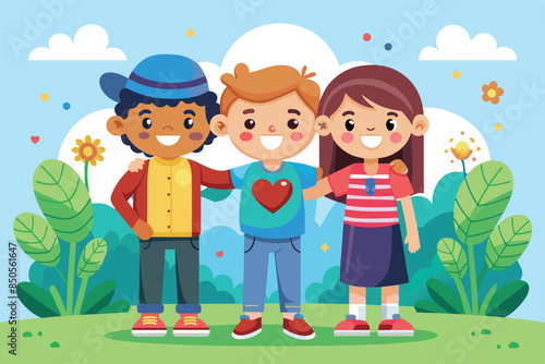 Three cartoon friends smile and hug each other outdoors on a sunny day, Friendship day Customizable Cartoon Illustration