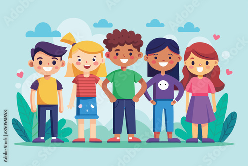 Five diverse children stand in a park, smiling and looking happy together, Friendship Customizable Disproportionate Illustration