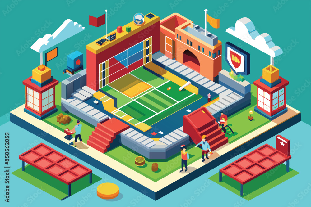 Isometric illustration of a game day stadium with a football field, stands, and people, Game day Customizable Isometric Illustration Isometric illustration of a game day stadium with a football field, stands, and people, Game day Customizable Isometric Illustration