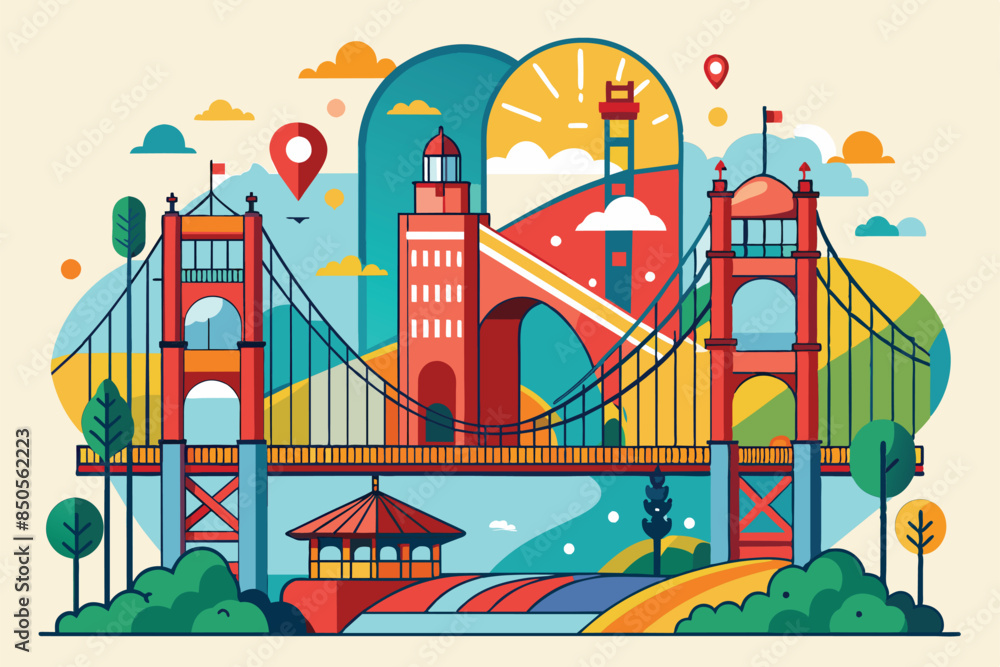A stylized illustration of the iconic Golden Gate Bridge in San Francisco, Golden gate bridge Customizable Disproportionate Illustration A stylized illustration of the iconic Golden Gate Bridge in San Francisco, Golden gate bridge Customizable Disproportionate Illustration