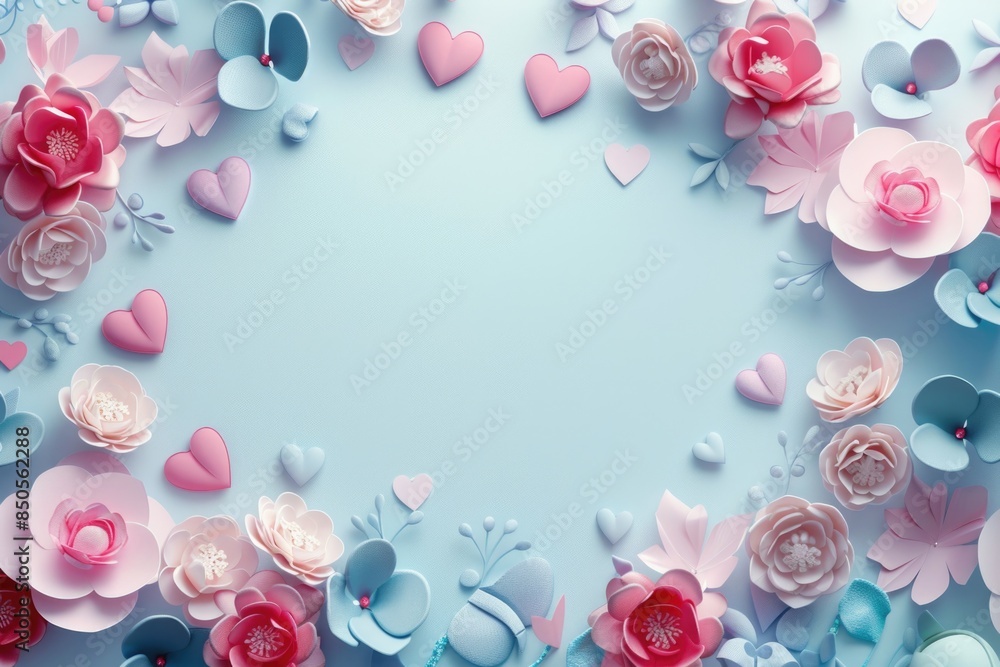 A creative arrangement of paper flowers and hearts on a bright blue background, perfect for adding a touch of romance or whimsy to your design A creative arrangement of paper flowers and hearts on a bright blue background, perfect for adding a touch of romance or whimsy to your design