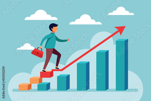 An illustration depicting a man walking upwards on a customized bar graph with an arrow pointing upwards, Going up Customizable Disproportionate Illustration