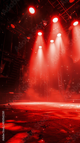Red stage lights with smoke and scaffolding - A dramatic red-lit stage with visible stage smoke and intricate scaffolding above photo