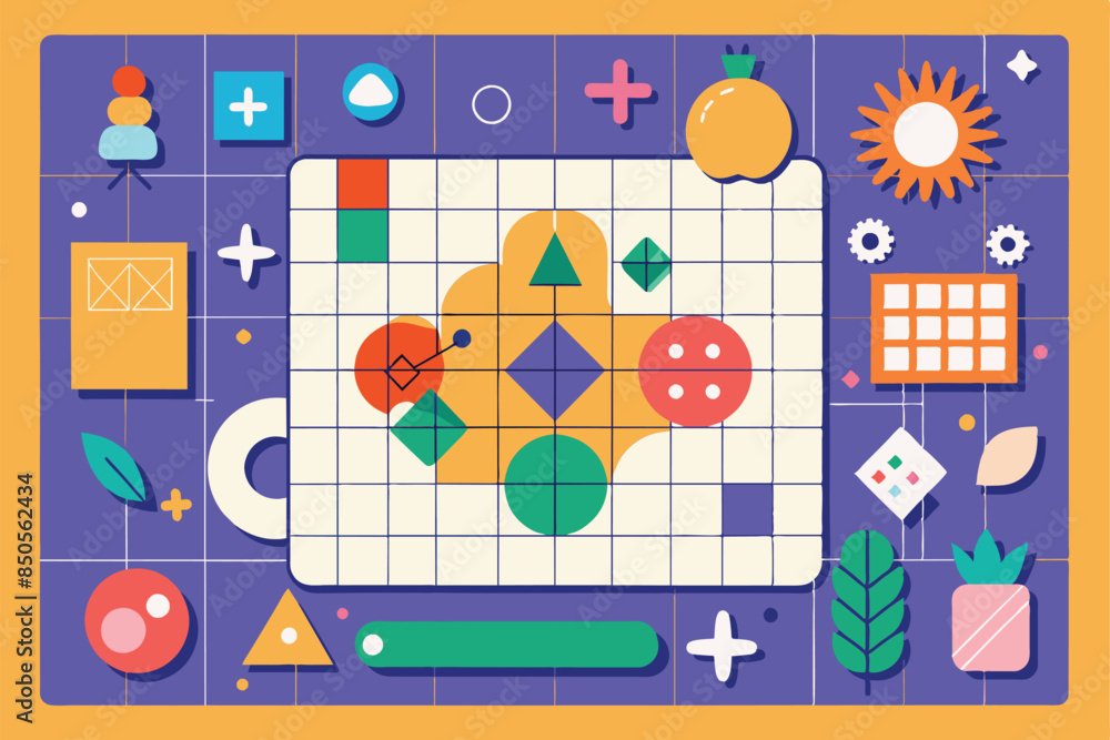 Obraz premium A flat illustration featuring a grid design with customizable elements like geometric shapes and icons, Grid design Customizable Flat Illustration