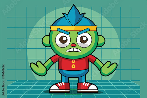 A cartoon illustration of a green-skinned character with spiky blue hair and a red shirt, Grid design Customizable Cartoon Illustration