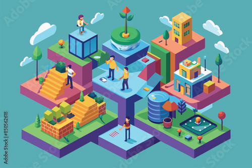 A vibrant isometric illustration featuring customizable city elements, including buildings, trees, and people, Growing Customizable Isometric Illustration