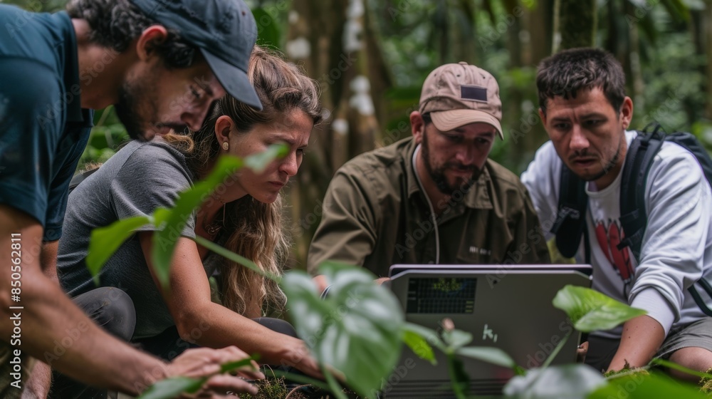 Fototapeta premium A group of researchers huddled around a laptop at a field station their attention focused on the realtime data streaming in from a solarpowered monitoring system perched in the canopy