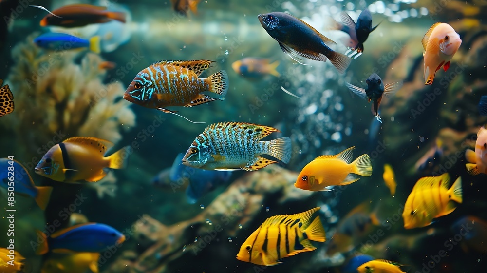 Fototapeta premium Aquarium with cichlids fish from lake malawi : Generative AI