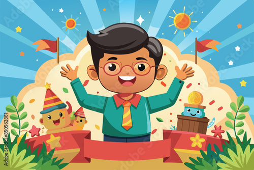 Illustration of a happy boy celebrating with confetti, Happy announcement Customizable Cartoon Illustration