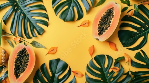 A colorful arrangement of tropical leaves and papanas on a bright yellow background photo