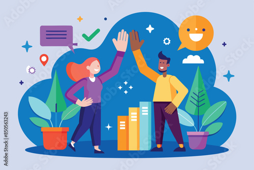 Two coworkers celebrate their success with a high five, showcasing their positive team spirit and achievement, High five Customizable Disproportionate Illustration