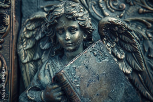A statue of an angel holding a book