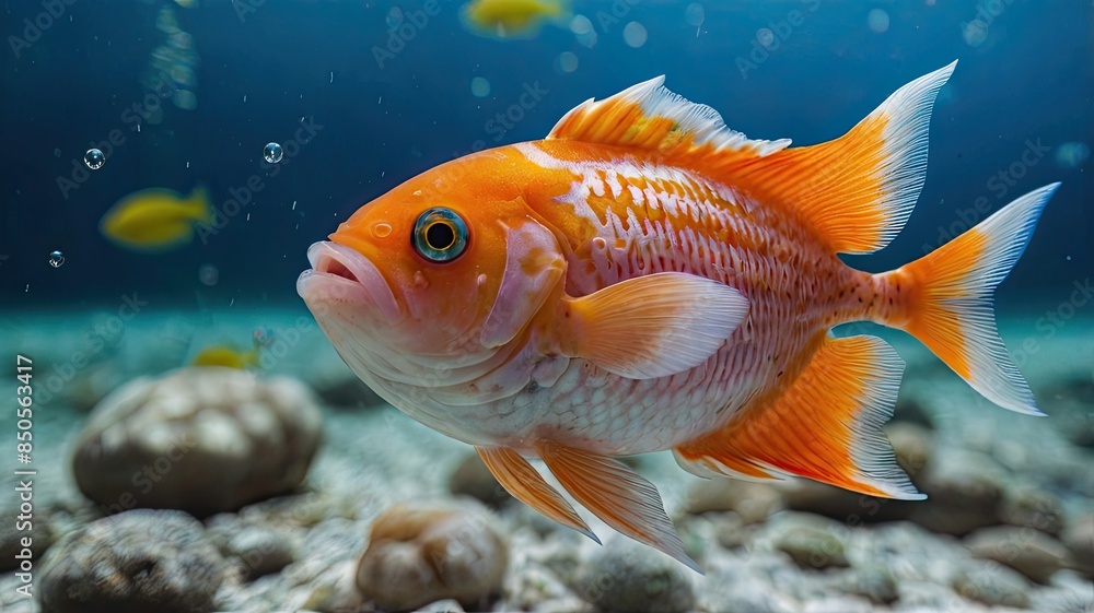 A bright yellow tang fish swims in a colorful underwater tank A bright yellow tang fish swims in a colorful underwater tank