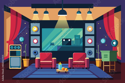 An illustration of a home cinema room with red armchairs, a large screen, and a popcorn bucket on a coffee table, Home cinema Customizable Semi Flat Illustration