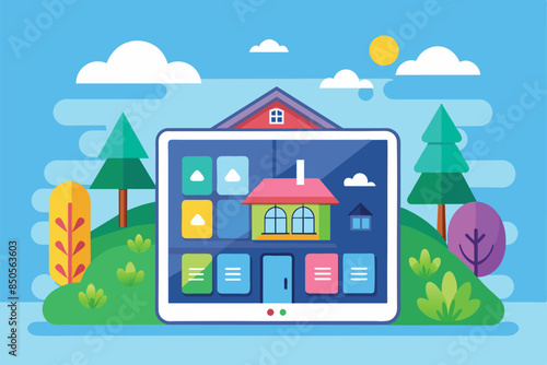 A flat illustration of a customizable home screen with a house, trees, and clouds in the background, Home screen Customizable Semi Flat Illustration