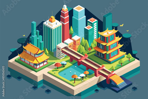 Isometric illustration of Hong Kong featuring skyscrapers, a traditional Chinese temple, and a bridge over a river, Hong kong Customizable Isometric Illustration