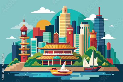 Illustration of Hong Kong skyline with red pagoda, high-rise buildings, and Chinese architecture landmarks, Hong kong Customizable Semi Flat Illustration