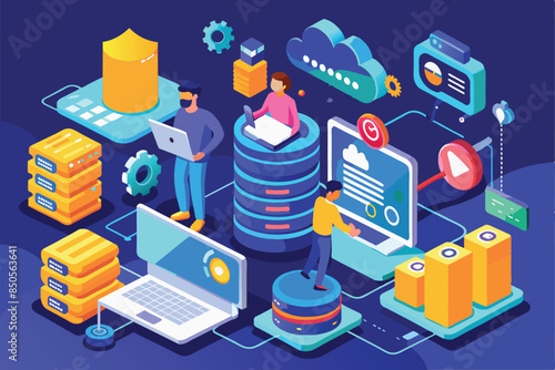 Illustration of IT professionals working on a network of servers, cloud, and computers, hosting technology server maintenance services, database storage