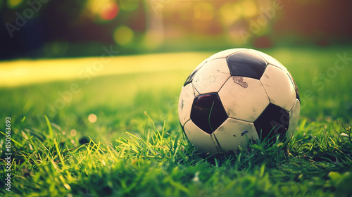 A soccer ball is sitting on the grass