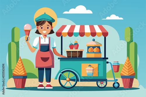An illustration of a happy ice cream vendor selling treats from a cart in the park, Ice cream seller Customizable Disproportionate Illustration