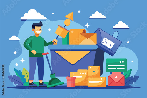 A cartoon illustration of a man cleaning his inbox with a plunger, surrounded by emails and other digital elements, Inbox cleanup Customizable Cartoon Illustration