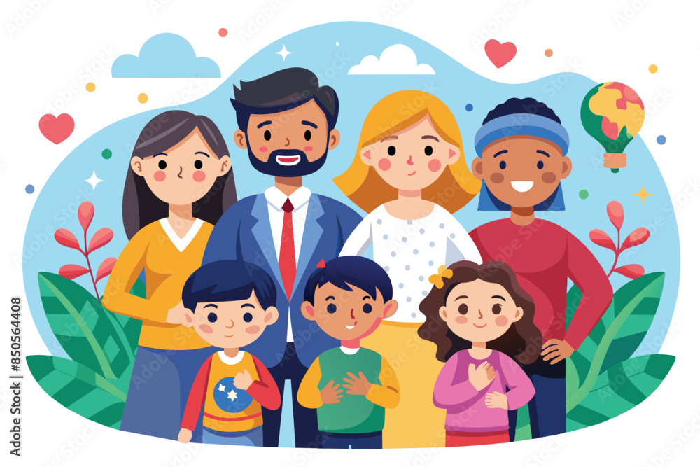 A colorful cartoon illustration depicting a diverse family of six, celebrating International Day of Families, International day of families Customizable Cartoon Illustration A colorful cartoon illustration depicting a diverse family of six, celebrating International Day of Families, International day of families Customizable Cartoon Illustration