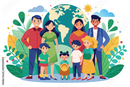 Illustration of a multi-ethnic family standing in front of the globe, International day of families Customizable Semi Flat Illustration