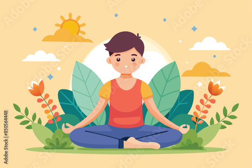 Cartoon illustration of a man meditating in a peaceful outdoor setting, celebrating International Day of Yoga, International day of yoga Customizable Cartoon Illustration