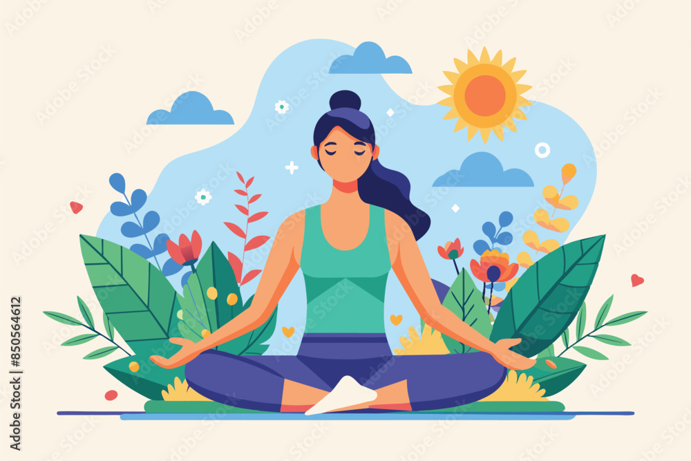Woman sits in yoga pose among greenery & flowers, symbolizing peace & tranquility of yoga on Intl. Day of Yoga, International day of yoga Customizable Semi Flat Illustration