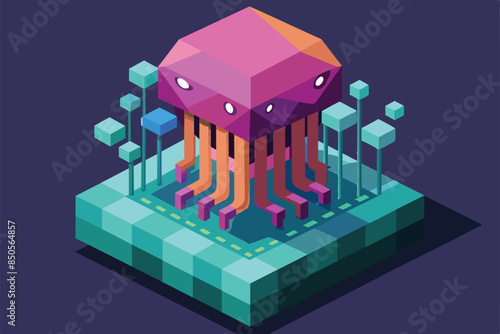 Isometric digital art of a brightly colored jellyfish on a checkered platform, Jellyfish Customizable Isometric Illustration
