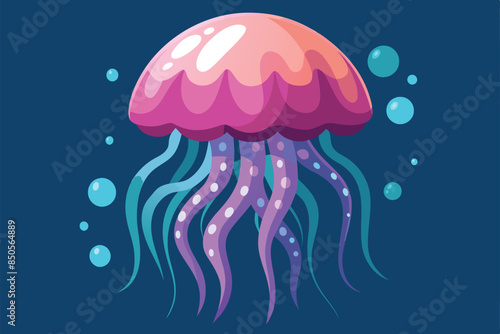 A colorful, semi-flat illustration of a jellyfish with blue bubbles in the background, Jellyfish Customizable Semi Flat Illustration