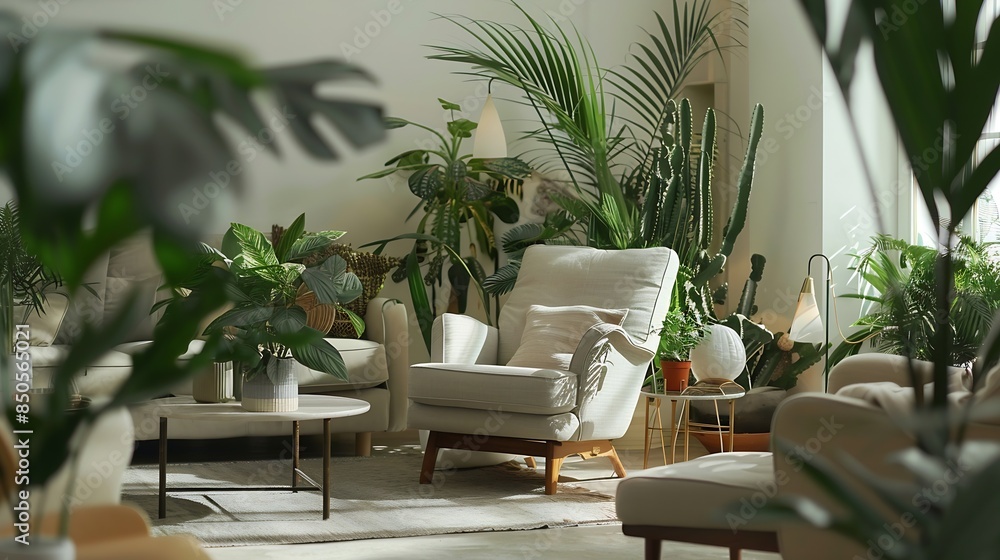 Fototapeta premium Modern scandinavian interior of living room with design grey sofa armchair a lot of plants coffee table carpet and personal accessories in cozy home decor Template : Generative AI